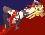  1girl bare_shoulders belt black_legwear blonde_hair demon_tail girutea hand_on_head long_hair lying on_side open_mouth original red_eyes short_shorts shorts smile solo tail thigh-highs torn_clothes torn_thighhighs two-tone_background 