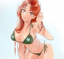  1girl bikini black_eyes breasts gradient gradient_background green_bikini hair_tucking hong_meiling large_breasts leaning_forward long_hair matsuda_(matsukichi) redhead side-tie_bikini simple_background sketch smile solo string_bikini swimsuit touhou wet 