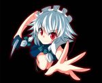  &gt;:) 1girl albino braid dress hair_ribbon izayoi_sakuya knife looking_at_viewer lunging maid_headdress oimo_(imoyoukan) pov reaching_out red_eyes ribbon solo stabbing touhou tress_ribbon twin_braids white_hair 