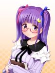  1girl alternate_hairstyle bespectacled book book_hug breasts bust capelet crescent_hair_ornament dress glasses hair_ornament hair_ribbon holding holding_book kozue_akari large_breasts long_sleeves looking_at_viewer patchouli_knowledge pink-framed_glasses purple_dress purple_hair ribbon solo striped striped_dress touhou two_side_up violet_eyes 
