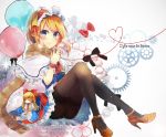  alice_margatroid apron balloon black_legwear black_panties blonde_hair blue_dress blue_eyes bow capelet closed_eyes dress gears hair_bow hairband high_heels highres italian lolita_hairband looking_at_viewer moko_(3886397) panties panties_under_pantyhose pantyhose red_string scarf shanghai_doll sitting smile string touhou underwear v_arms waist_apron wrist_cuffs 