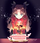  1girl birthday_cake blue_eyes brown_hair byulrorqual cake candle fate/stay_night fate_(series) food hair_ribbon long_hair ribbon solo toosaka_rin two_side_up 