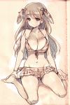  1girl bangs bare_shoulders bikini bikini_skirt breasts cleavage collarbone front-tie_bikini front-tie_top hair_ribbon hana-kagume large_breasts long_hair maya_yukiko monochrome navel plaid ribbon saki sitting solo swimsuit traditional_media wariza wristband 