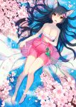  1girl :d ahri animal_ears bare_legs barefoot black_hair breasts cherry_blossoms cleavage dress fang flower fox_ears fox_tail highres large_breasts league_of_legends lying lying_on_water multiple_tails open_mouth petals smile tagme tail whitehee93 yellow_eyes 