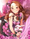  1girl black_legwear bow brown_hair girutea hair_bow idolmaster long_hair minase_iori pantyhose rabbit red_eyes smile solo stuffed_animal stuffed_bunny stuffed_toy 