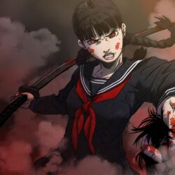  1girl black_hair blood_the_last_vampire braid clenched_teeth glowing glowing_eyes grabbing head_grab katana long_hair red_eyes saya_(blood_the_last_vampire) school_uniform serafuku smoke sword twin_braids vampire weapon yazwo 