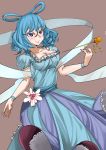  1girl :&gt; absurdres blue_dress blue_eyes blue_hair breasts brown_background cleavage colored_eyelashes dress hair_ornament hair_rings hair_stick highres kaku_seiga large_breasts looking_at_viewer shawl short_sleeves simple_background smile solo touhou wristband zhayoulu 