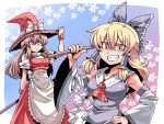  2girls apron ascot bare_shoulders blonde_hair bow braid broom brown_eyes brown_hair cosplay costume_switch detached_sleeves dress female gohei grin hair_bow hair_tubes hakurei_reimu hand_on_hip hat hat_bow highres kirisame_marisa long_sleeves multiple_girls puffy_short_sleeves puffy_sleeves red_dress shirt short_sleeves single_braid smile touhou tsuki_wani waist_apron wide_sleeves witch_hat wrist_cuffs yellow_eyes 