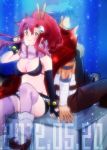  1boy 1girl back-to-back bikini_top blue_hair breasts cleavage couple fingerless_gloves gloves hair_ornament holding_hands kamina long_hair ponytail redhead scarf shorts sitting skull_hair_ornament smile suika_soda tengen_toppa_gurren_lagann thigh-highs yellow_eyes yoko_littner 