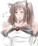  1girl animal_ears bare_shoulders blush breasts brooch brown_hair bust cleavage collarbone fangs fingernails imaizumi_kagerou jewelry kamiya_(amamiko) large_breasts long_fingernails long_sleeves mole open_mouth red_eyes sharp_fingernails simple_background sketch solo text touhou white_background wolf_ears 