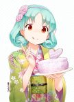  1girl :p cake food green_hair hair_ribbon happy_birthday idolmaster idolmaster_cinderella_girls japanese_clothes kimono nagian ribbon short_hair tokugawa_matsuri tongue tongue_out 