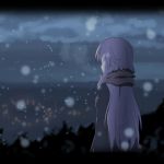  1girl back_turned blurry cato_(monocatienus) depth_of_field hata_no_kokoro long_hair night no_mask pink_hair scarf snow solo touhou winter_clothes 