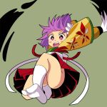  &gt;:d 1girl :d blush_stickers feet from_below hieda_no_akyuu japanese_clothes jumping kimono legs looking_at_viewer no_panties obi oimo_(imoyoukan) open_mouth paintbrush purple_hair sash short_hair smile socks solo touhou upskirt violet_eyes 