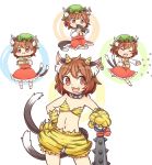  :3 animal_ears bare_shoulders beans bikini_top bloomers brown_eyes brown_hair cat_ears cat_tail chen closed_eyes collar dress eating fake_horns fang gloves hand_on_hip ibarashiro_natou jewelry long_sleeves lum_(cosplay) metal_bat mob_cap multiple_tails navel oni_horns open_mouth paw_gloves red_dress setsubun shirt single_earring sitting smile tail throwing tiger_print touhou underwear 