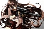  1girl blue_eyes brown_hair clenched_teeth fingerless_gloves gloves gun hair_ornament long_hair navel original rifle shell_casing sniper_rifle solo tef thigh_strap vss_vintorez weapon 