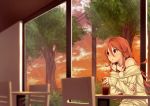  1girl antenna_hair bare_shoulders blush bra breasts cleavage cup evening highres long_hair long_sleeves mikazuchi_zeus open_mouth orange_hair red_eyes sitting solo sweater table tokyo_7th_sisters tree underwear usuta_sumire window 