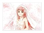 1girl bare_shoulders bouquet bridal_veil bride brown_eyes dress ebisugawa_kaisei flower long_hair myk pink_hair smile solo uchouten_kazoku veil wedding_dress 