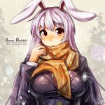  1girl animal_ears blush breasts bust jacket large_breasts long_hair long_sleeves looking_at_viewer open_mouth purple_hair rabbit_ears red_eyes reisen_udongein_inaba scarf shirt snowing solo touhou umigarasu_(kitsune1963) very_long_hair 