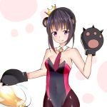  1girl animal_ears bear_ears black_hair crown detached_collar fang gloves highres leotard necktie pantyhose paw_gloves playboy_bunny_leotard re-arusu short_hair violet_eyes yuri_kuma_arashi yurishiro_ginko 