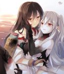  2girls aircraft_carrier_hime akagi_(kantai_collection) bangs blood brown_eyes brown_hair caress flight_deck hand_on_another&#039;s_face hand_on_another&#039;s_head japanese_clothes kantai_collection light_smile long_hair looking_at_another multiple_girls no_bra no_panties one_side_up open_mouth red_eyes shinkaisei-kan silver_hair tears thigh-highs toosaka_asagi torn_clothes veins very_long_hair white_legwear white_skin yugake 