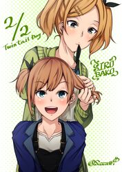  2girls blue_eyes blush brown_hair hair_ribbon hairdressing miyamori_aoi multiple_girls open_mouth ribbon shirobako short_hair signature twintails udongeinaba yano_erika 