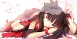  1girl blue_eyes blurry bow brown_hair depth_of_field dress fate/stay_night fate_(series) hair_ribbon highres long_hair looking_at_viewer lying petals red_dress ribbon rose_petals shinooji sleeveless smile solo toosaka_rin two_side_up white_background wrist_cuffs 
