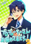  1boy black_hair cellphone formal glasses idolmaster notebook open_mouth phone producer_(idolmaster_anime) short_hair smile solo suit sweatdrop yellow_eyes 