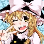  1girl ;d blonde_hair blush_stickers bow bust hachisaki hair_ribbon hat hat_bow kirisame_marisa large_bow one_eye_closed open_mouth ribbon smile solo touhou tress_ribbon turtleneck v vest witch_hat yellow_eyes 