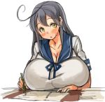  1girl ahoge blush breast_rest breasts huge_breasts inconvenient_breasts kantai_collection long_hair open_mouth pencil sachito school_uniform serafuku solo sweatdrop ushio_(kantai_collection) yellow_eyes 