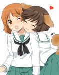  2girls :3 akiyama_yukari animal_ears artist_request blush brown_eyes brown_hair closed_eyes dog_ears dog_tail face-to-face girls_und_panzer kemonomimi_mode kneeling multiple_girls neckerchief nishizumi_miho one_eye_closed open_mouth pleated_skirt school_uniform serafuku short_hair sitting skirt tail white_background 