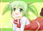  1girl :d gradient_hair green_eyes green_hair leaf leaf_on_head long_hair looking_at_viewer lying multicolored_hair nichika_(nitikapo) on_stomach open_mouth original school_uniform smile solo 