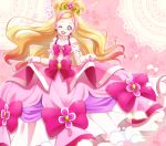  1girl ;d absurdres blue_eyes bow choker cure_flora curtsey dress eyebrows gloves go!_princess_precure haruno_haruka highres long_hair magical_girl mode_elegant_(go!_princess_precure) multicolored_hair one_eye_closed open_mouth pink pink_background pink_dress pink_hair precure smile solo streaked_hair thick_eyebrows two-tone_hair yupiteru 