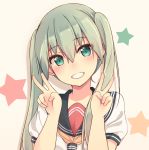  1girl double_v face green_eyes green_hair grin hatsune_miku head_tilt highres long_hair looking_at_viewer school_uniform serafuku shuuichi smile solo star twintails v vocaloid 