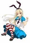  alice_(wonderland) alice_(wonderland)_(cosplay) alice_in_wonderland blonde_hair blue_dress bow chestnut_mouth detached_sleeves dress hair_bow hairband highres honoma_seijin kantai_collection knees_together_feet_apart long_hair looking_at_viewer mary_janes puffy_short_sleeves puffy_sleeves red_eyes shimakaze_(kantai_collection) shoes short_sleeves simple_background striped striped_legwear white_background 
