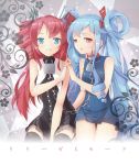  2girls bdsm blue_eyes blue_hair blush bondage chain collar drill_hair holding_hands linked_collar looking_at_viewer multiple_girls red_eyes redhead ripe.c smile twin_drills twintails yuri 