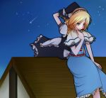  2girls alice_margatroid apron back-to-back blonde_hair blue_dress blue_eyes blush capelet couple dress hairband hat kirisame_marisa long_hair multiple_girls night night_sky sash shooting_star short_hair sitting sky star touhou waist_apron witch_hat yuri 