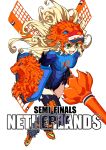  1girl 2014_fifa_world_cup absurdres blonde_hair daibajoujisan fang green_eyes helmet highres lance lion long_hair netherlands personification polearm shield weapon world_cup 