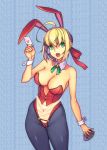  1girl ahoge animal_ears bare_shoulders black_legwear blonde_hair breasts bunnysuit card cleavage covered_navel detached_collar fate/extra fate_(series) green_eyes hair_ribbon large_breasts looking_at_viewer open_mouth pantyhose playing_card rabbit_ears ribbon saber_extra solo wrist_cuffs yuksi 