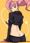  1girl :o ao-tombo ass breasts butt_crack captain_earth earrings fur_coat garter_straps hoop_earrings jewelry large_breasts long_hair long_sleeves looking_back moco_(captain_earth) orange_background pink_hair pink_legwear shiny shiny_hair shorts sitting solo thigh-highs twintails violet_eyes 