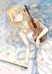  1girl blonde_hair blue_eyes dress flower instrument long_hair lying miyazono_kawori petals seuga shigatsu_wa_kimi_no_uso smile solo violin water 