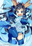  1girl :d black_hair blue_dress blue_eyes blue_gloves blue_legwear brass_knuckles china_dress chinese_clothes dragon_girl dragon_horns dragon_tail dress elbow_gloves female gloves head_fins horns karin_(p&amp;d) leg_up long_hair open_mouth puzzle_&amp;_dragons scales short_dress smile solo spikes tail thigh-highs twitter_username weapon yamanashi_taiki 