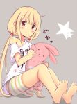  &gt;:) 1girl barefoot blonde_hair brown_eyes clothes_writing futaba_anzu grey_background idolmaster idolmaster_cinderella_girls knees_up looking_at_viewer low_twintails mrisk off_shoulder shorts simple_background sitting smile solo striped_shorts stuffed_animal stuffed_bunny stuffed_toy t-shirt twintails 