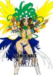  1girl 2014_fifa_world_cup absurdres black_hair blue_eyes brazil breasts daibajoujisan feathers highres jewelry long_hair navel open_mouth personification samba smile solo world_cup 