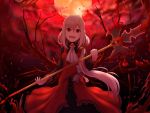  1girl blood fangs full_moon long_hair looking_at_viewer moon okina_(805197) open_mouth original polearm red_eyes solo vampire weapon white_hair 