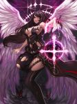  1girl bent_knees black_hair black_legwear breasts cape cleavage earrings evan_yang halo jewelry long_hair magic original outstretched_arm parted_lips red_eyes revealing_clothes solo torn_clothes wings 