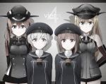  4girls anchor_hair_ornament arms_behind_back bare_shoulders bismarck_(kantai_collection) black_skirt blonde_hair blue_eyes blush brown_eyes brown_hair character_name clothes_writing detached_sleeves german hair_ornament hat iron_cross kantai_collection long_hair long_sleeves military military_uniform multiple_girls neckerchief payot peaked_cap pleated_skirt prinz_eugen_(kantai_collection) sailor_collar sailor_hat short_hair silver_hair skirt smile twintails uniform yasai_(osushi_kappamaki) z1_leberecht_maass_(kantai_collection) z3_max_schultz_(kantai_collection) 