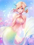  1girl blonde_hair blue_eyes bracelet breasts cleavage earrings head_fins highres jewelry large_breasts looking_at_viewer mermaid monster_girl nail_polish original rapisu_(mmponpom7) shell shell_bikini short_hair smile solo underwater 