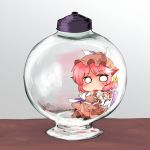  1girl bottle chibi commentary_request dress earrings hat highres in_bottle in_container ini_phm jewelry looking_at_viewer mystia_lorelei o_o pink_hair short_hair solo sweatdrop touhou 