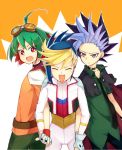  3boys :d blonde_hair blue_hair gloves goggles goggles_on_head green_hair jacket_on_shoulders male_focus multiple_boys multiple_girls necktie open_mouth purple_hair redhead sakaki_yuuya smile tere yugo_(yuu-gi-ou_arc-v) yuto_(yuu-gi-ou_arc-v) yuu-gi-ou yuu-gi-ou_arc-v 