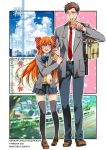  1boy 1girl alternate_hair_color bag black_legwear blush bow brown_eyes brown_hair cover cover_page crepe doujin_cover eating food food_on_face gekkan_shoujo_nozaki-kun hair_bow hashimoto_(yanagi-momo) necktie nozaki_umetarou open_mouth orange_hair polka_dot polka_dot_bow sakura_chiyo school_bag school_uniform smile thigh-highs violet_eyes 